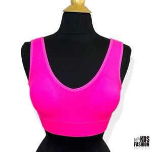 Neon Pink Solid Seamless Full Coverage Padded Sports Bra Scoop Back SM NEW